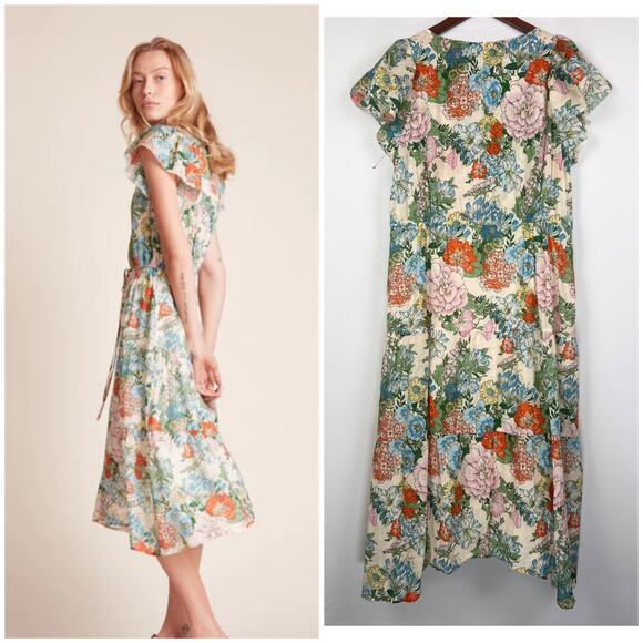 Trovata Birds of Paradis Floral Midi Dress L Ramie Cotton V-Neck Tiered Boho - Picture 6 of 9